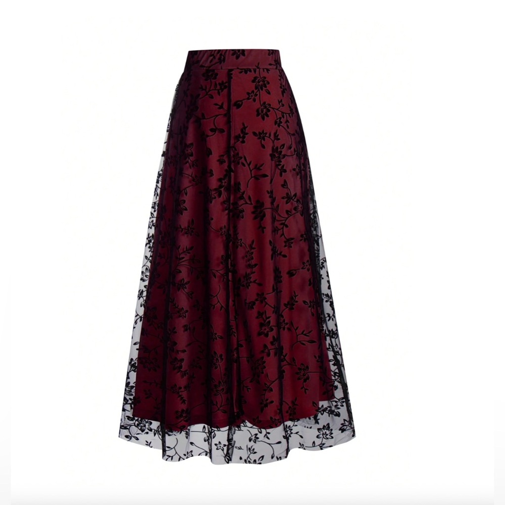 Floral Flocking Tulle Long A-Line Skirt Red - Picture 8 of 12